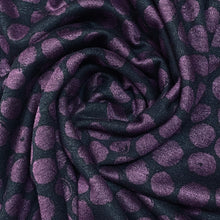 Load image into Gallery viewer, Double Knit Polyester Rayon - Black and Purple Polka Dots