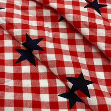 Load image into Gallery viewer, Soft Lightweight Cotton Woven Fabric - Red & White Gingham with Navy Stars