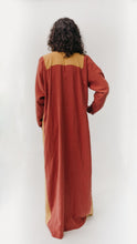 Load image into Gallery viewer, Back view of Gaza Dress that is red with mustard yellow top yoke.