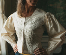 Load image into Gallery viewer, Close up photo of woman wearing modern version View B. Jacket front is embellished with bead work on both front panels