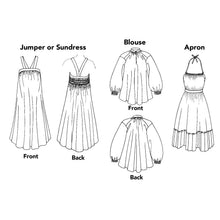 Load image into Gallery viewer, line drawing of the front and back of the dress, blouse, and apron.