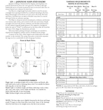 Load image into Gallery viewer, Photo of back cover of pattern. Shows size and yardage charts, views and descriptions, and fabric suggestions.