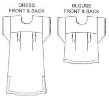 Load image into Gallery viewer, Flat line drawings of front and back views of old Mexico dress and blouse.