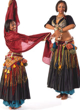 Load image into Gallery viewer, Photo of front and back views of woman in full tribal belly dance outfit. In back view woman is holding a scarf in arms and looks back over her shoulder towards the camera. The front view shows her standing with arms crossed in front of her holding cymbals.