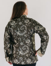 Load image into Gallery viewer, Back view of a woman wearing Chinese Pajama Jacket with hand on her hip.