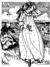 Load image into Gallery viewer, Blacka nd white pen and ink drawing by artist Gretchen Schields. Two women on prairie. Woman in foreground wears the prairie dress without an apron and holds a bunch of flowers in her hand. Woman in distance wears prairie dress with an apron and sun bonnet.