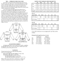 Load image into Gallery viewer, Photo of back of pattern cover. Cover shows description of pattern, views, fabric suggestions, and size and yardage charts.