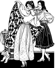 Load image into Gallery viewer, Black and white pen and ink drawing by Gretchen Schields. Two women wearing 206 Quilted Prairie Skirt pulling a quilted cloth out of a chest.