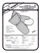 Load image into Gallery viewer, Pattern cover for children's insulated mittens with text and measurements.