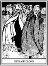 Load image into Gallery viewer, Black and white pen and ink drawing of two women running away scared from a castle wearing 207 Kinsale Cloak.