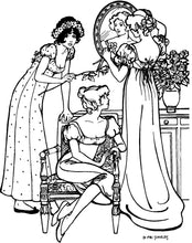 Load image into Gallery viewer, Black and white pen and ink drawing by Gretchen Schields, three woman, two standing and the middle one sitting on a chair all wearing 215 Empire Dress, one wearing the simple version full length, the middle one sitting wearing simple version street length and the other wearing the authentic version with train.