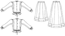 Load image into Gallery viewer, Black and white flat-line pattern drawings of front view of Shirtwaist and short and long skirts.