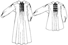 Load image into Gallery viewer, Black and white flat-line pattern drawings of back views of round frock and smock frock.