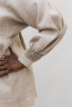 Load image into Gallery viewer, Close up of sleeve and cuff of 221 English Smock, smocked at the sleeve.