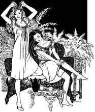 Load image into Gallery viewer, Black and white pen and ink drawing by Gretchen Shields. Two women, one standing on the left tying a ribbon in her hair, and the other on the right sitting on a woven lounge chair pulling up her socks, in front of a bush ferns, with a coffee table in front with tea set. Both women wearing 223 A Lady's Chemise.