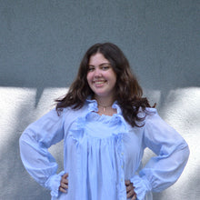 Load image into Gallery viewer, Closeup of top of blue night gown in front of grey wall.