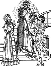 Load image into Gallery viewer, Black and white pen and ink drawing by Gretchen Shields of three women standing on a stair case, the middle one with a veil all wearing the three different versions of the 227 Edwardian Bridal Gown and Dress.
