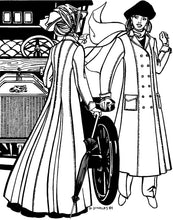 Load image into Gallery viewer, Black and white pen and in drawing by Gretchen Shields. Two women conversing in front of a model T ford wearing 230 Model T Duster.