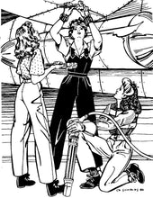 Load image into Gallery viewer, Black and white pen and ink drawing by artist Gretchen Shields. Three women wearing 240 Rosie the Riveter while fixing an airplane
