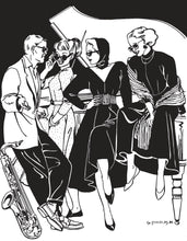 Load image into Gallery viewer, Black and white pen and ink illustration of three women in fit and flair dresses wearing sunglasses and talking to a man with a saxophone.