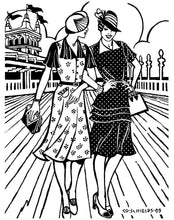 Load image into Gallery viewer, Black and White pen and ink drawing of two woment in the 1930s Day Dress. Cover illustration by artist Gretchen Shields. Woman on the left wears view B and woman on right is wearing View A. They are walking arm in arm along a boardwalk.