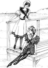 Load image into Gallery viewer, Black and white pen and ink drawing by artist Gretchen Shields. Two women one standing holding onto the railing the other sitting and dipping her toe in the water both wearing the 253 Vintage Bathing Costume.