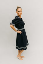 Load image into Gallery viewer, Side view of blonde white woman with hands on her hips standing in front of a white studio backdrop knee bent wearing the 253 Vintage Bathing Costume.