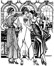 Load image into Gallery viewer, Black and white pen and ink drawing by artist Gretchen Shields. Three women, woman on the left back facing viewer holding cards wearing the Monte Carlo Dress V- Neck Tunic, woman in the center wearing the crossover tunic, woman on the right wearing the Monte Carlo Dress showing the center woman her cards .