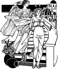 Load image into Gallery viewer, Black and white pen and ink drawing by artist Gretchen Shields. two women walking down stairs, the woman on the left is wearing #266 Greek Island Tunic, the woman on the right is wearing the #266 Greek Island Dress and jacket.