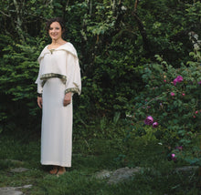 Load image into Gallery viewer, Young Brunette White woman wearing the #266 Greek Island Dress with Jacket in white standing surrounded by Greenery.