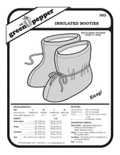 Load image into Gallery viewer, Pattern package for insulated booties by The Green Pepper with black and white illustration and text.