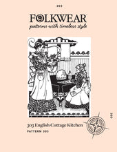 Load image into Gallery viewer, front cover photo of the English Cottage Kitchen in a black and white drawing. A woman standing on the left wearing the apron with a floral dress underneath. She is holding biscuits in the biscuit cozy and wearing the oven mittens on her hands. In the center is a table with a black table cloth with the egg cozy and tea cover as well as the placemats on the table. a young girl is sitting at the table on the right wearing the same apron in a child's size as well as a floral dress.