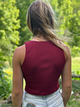 Load image into Gallery viewer, woman standing outside wearing a red tankini with her back to the camera