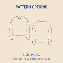 Load image into Gallery viewer, Outline of a sweatshirt with pattern options and size information on a beige background