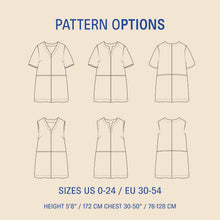 Load image into Gallery viewer, Pattern options for a dress with various views on a beige background