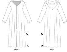 Load image into Gallery viewer, Black and white pattern drawing of front and back view of #157 Moroccan Djellaba with front zipper.