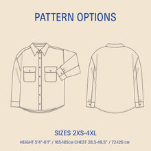 Load image into Gallery viewer, Outline of a shirt with pattern options and size information on a beige background