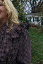 Load image into Gallery viewer, Close up of the shoulder ruffle on a brown traditional day dress