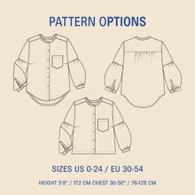 Load image into Gallery viewer, Line drawings of three shirt designs with pattern options on a beige background.