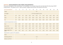 Load image into Gallery viewer, Measurement chart for garment sizing with imperial measurements and fabric requirements.