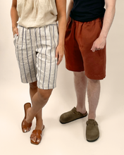 Load image into Gallery viewer, Two people wearing shorts and sandals on a plain background