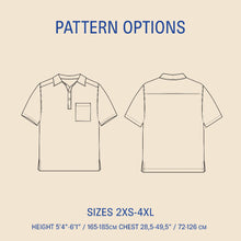 Load image into Gallery viewer, Outline of a polo shirt with pattern options and size chart on a beige background