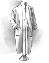 Load image into Gallery viewer, A digital watercolor line drawing by Artist Victoria Watkins of the Basics Overcoat.
