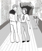 Load image into Gallery viewer, Black and white illustration of a man and woman conversing, with a ship in the background, both wearing 229 Sailor pants and 211 Two Middies.