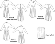 Load image into Gallery viewer, flat lays of front and back of each view of this dress with three neckline options and a stole to knit.