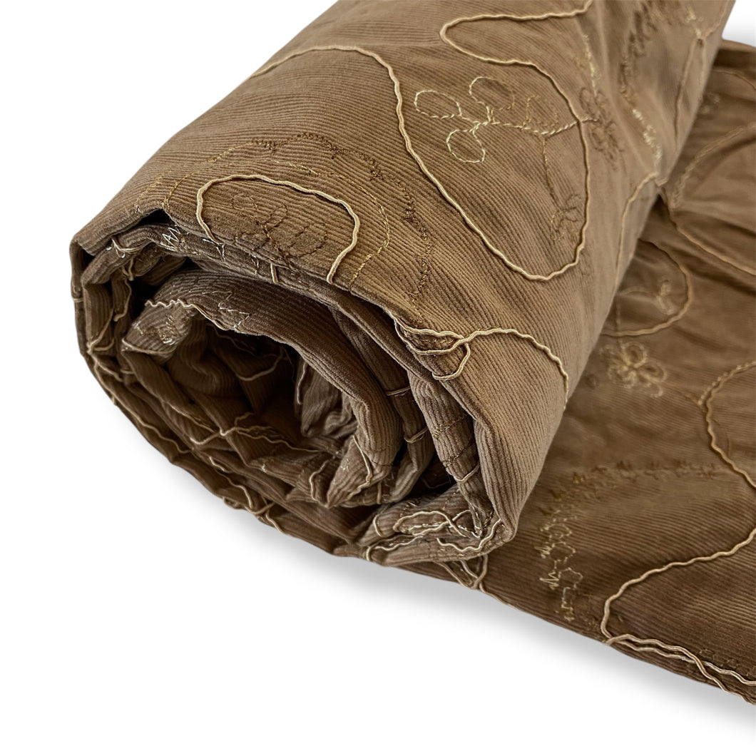 075 Brown Embroidered Corduroy Upholstery Deadstock Remnant 1m Bundle