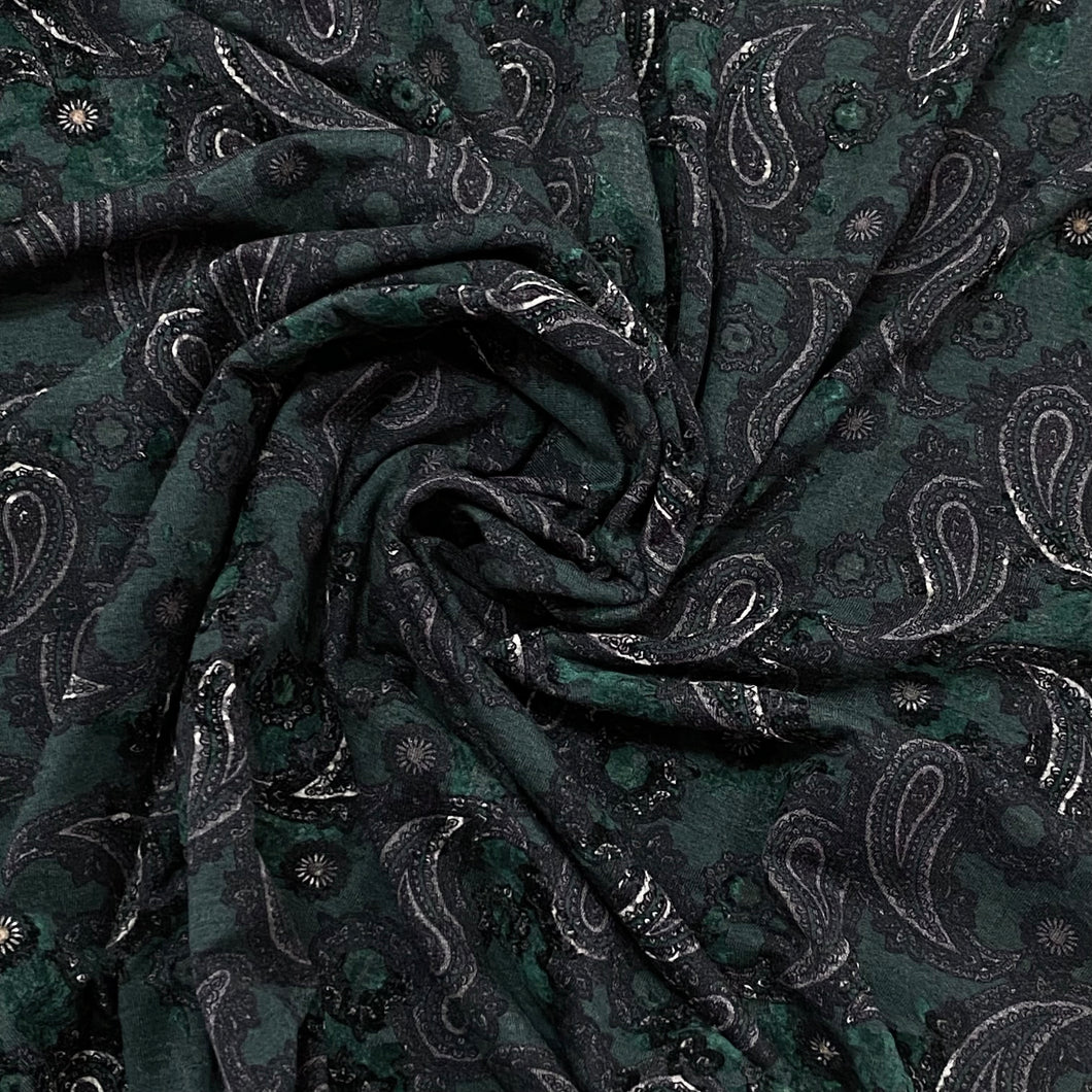 Paisley Print Velvet Knitted Fabric- Teal