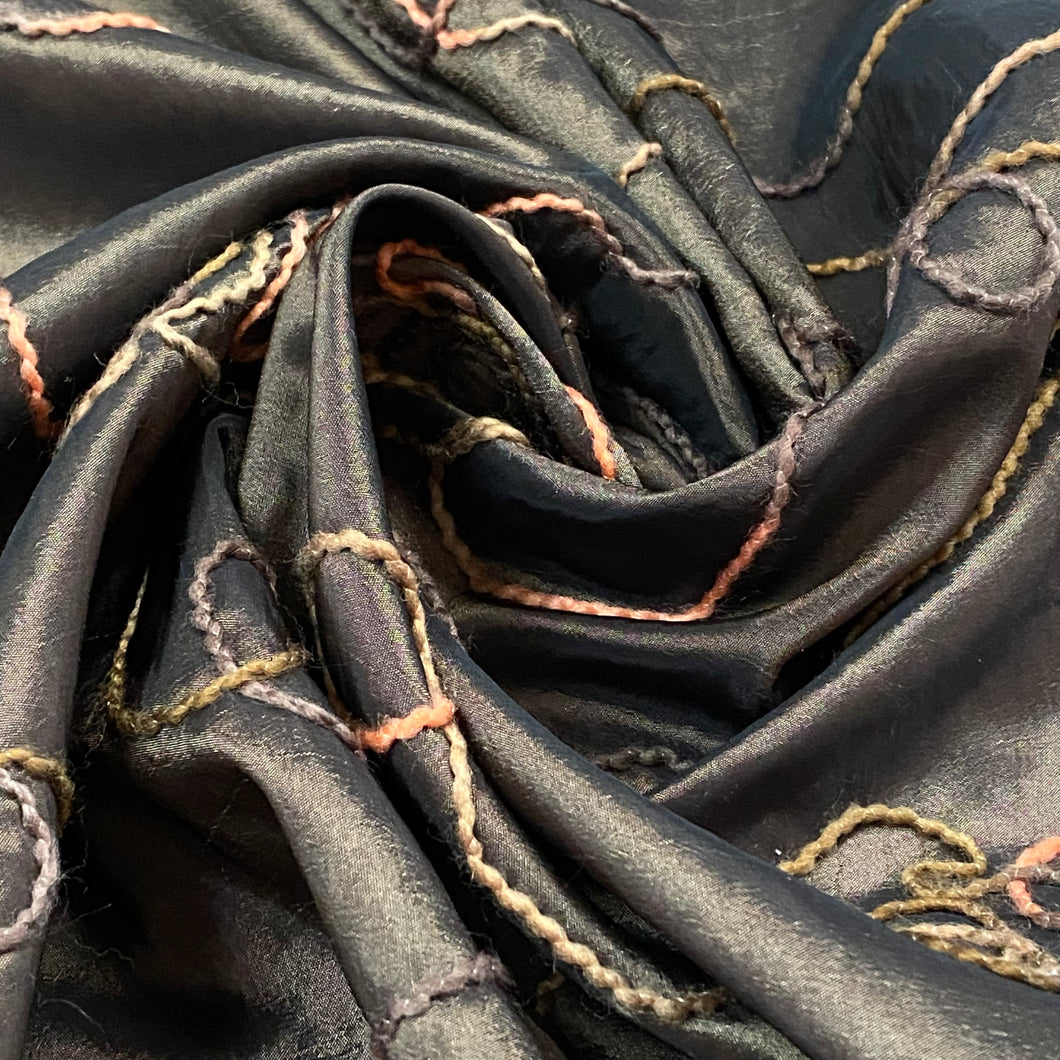 Polyester Taffeta Woven Fabric - Brown with Orange Spiral Embroidery