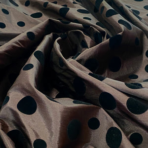 Polyester Taffeta Woven Fabric- Brown with Black Velvet Polka Dots