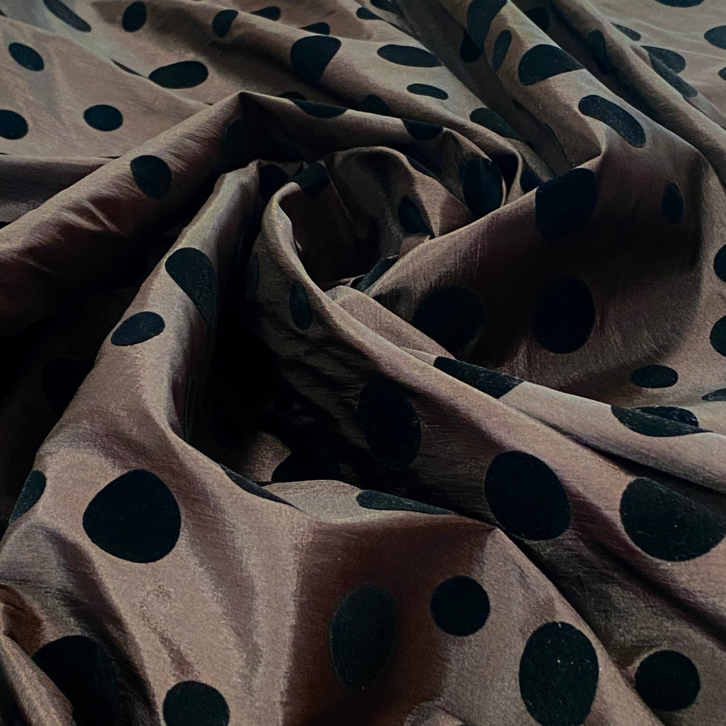 Polyester Taffeta Woven Fabric- Brown with Black Velvet Polka Dots